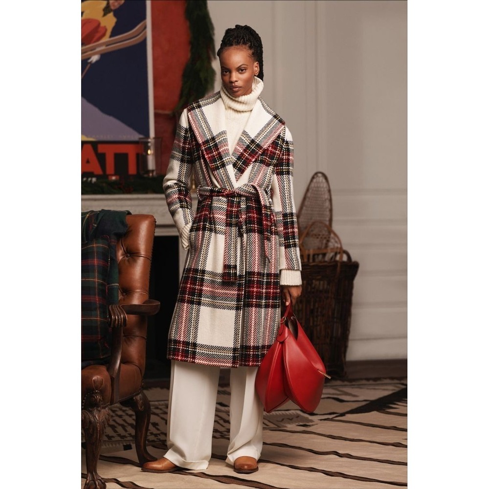 Polo Ralph Lauren Plaid Wool Herringbone Wrap Coat XS Tartan Belt Shawl Collar
